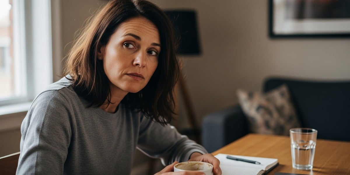 A 47-year-old woman with messy brunette hair sits at a desk in late afternoon light, weary but not catastrophizing — the recognisable moment of the afternoon energy crash women over 40 know.