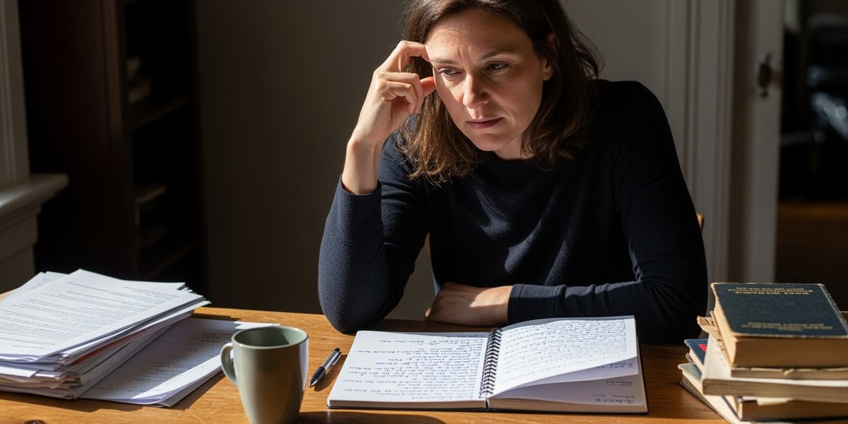 A woman in her late forties sits at a desk in afternoon light, hand near her temple, mid-thought, looking at a notebook — the quiet recognisable moment of brain fog over 40.