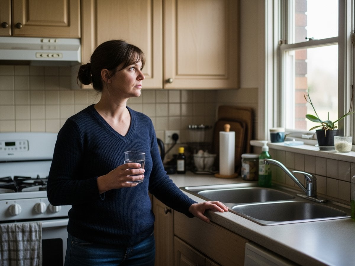 A woman in her forties stands in a kitchen mid-morning holding a glass of water, looking out a window — the quiet pause that midlife brain fog over 40 forces on you mid-task.